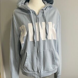 PINK Victoria's Secret Light Blue Zip-Up Hoodie with White Logo